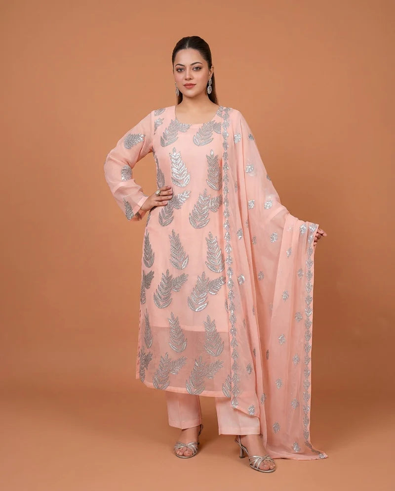 Zirwah  Peach  Embroidered  3pc
