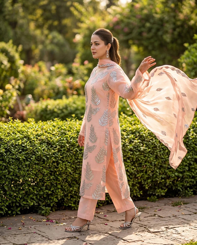 Zirwah  Peach  Embroidered  3pc